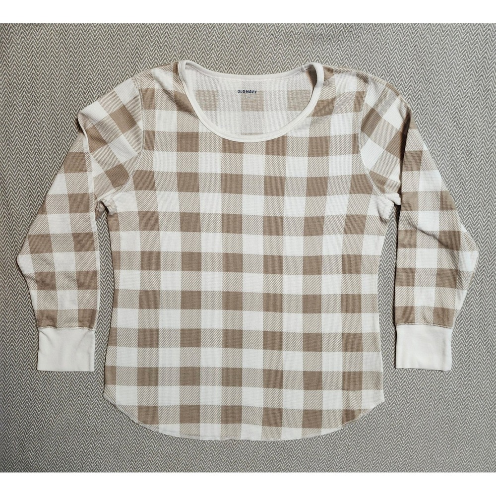 Old Navy Thermal Long Sleeve Top XL Neutral Plaid Tan Waffle Knit 520173-05